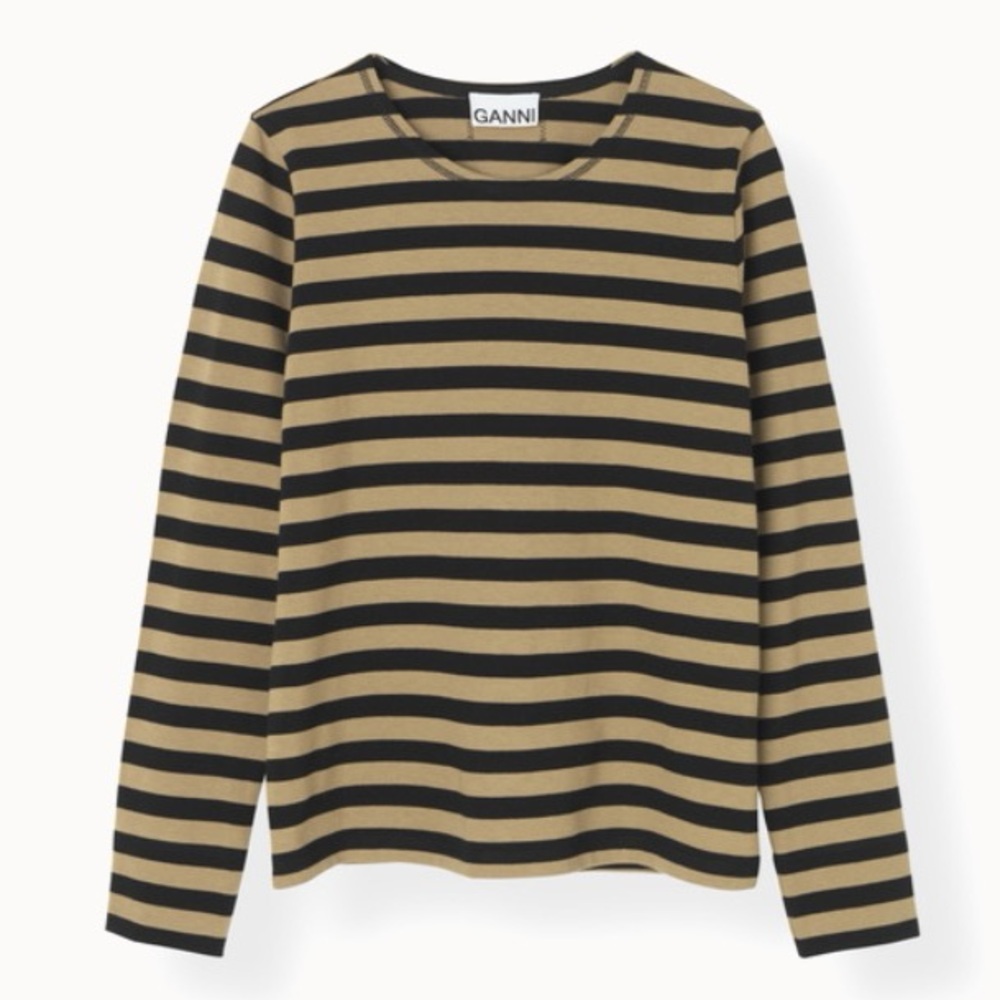 Ganni Black and Tan Striped Long Sleeve Tee